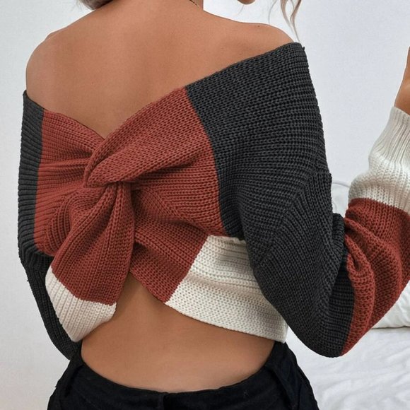Dainty NYC Sweaters - Off Shoulder Twist Back Colorblock  Crop Top Sweater Fall Autumn